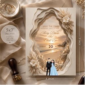 May include: A 5x7 inch Save the Date wedding invitation featuring a layered paper cutout effect framing a beach sunset scene. The text reads Save the Date, Avery Davis and Chidi Eze, Sunday October 20 at 8:00 PM. Two figures stand at the base of stone stairs.
