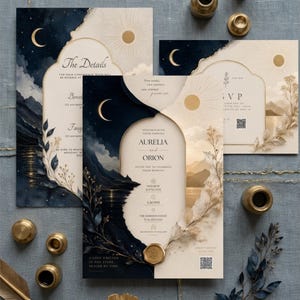 May include: Elegant wedding invitation suite featuring a celestial design with a crescent moon and sun. The invitation cards have a watercolor landscape with the names Aurelia and Orion. The suite includes RSVP and details cards, with gold accents.