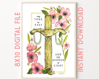 INSTANT DOWNLOAD Gentle and Lowly Art Print, 8x10, vertical Christian Decor, Cross and Yoke Watercolor Reproduction, Gift