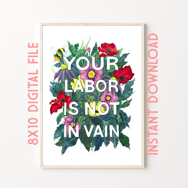 INSTANT DOWNLOAD Your Labor Is Not In Vain Art Print, 8x10, vertical Christian Decor, Bumblebee and Floral Watercolor Reproduction, Gift