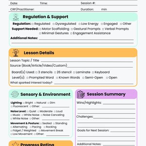 May include: A colorful spelling lesson log with sections for regulation, lesson details, sensory environment, and session summary. Includes checkboxes and space for notes, designed for communication partners and support teams.