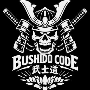 May include: A white graphic design on a black background featuring a skull wearing a traditional samurai helmet, flanked by two crossed katanas. Below the skull, the text reads BUSHIDO CODE and the Japanese kanji for Bushido above a lotus flower.