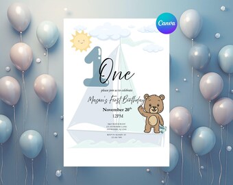 Invitación de primer cumpleaños con osito de peluche y velero - Plantilla de Canva (13 x 18 cm, descarga digital)
