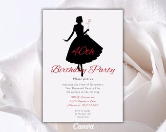 Invitación imprimible para 40 cumpleaños: elegante invitación para un cumpleaños importante, plantilla editable de Canva, invitación para fiesta de cumpleaños de adultos