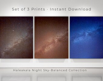 Juego de 3 impresiones del cielo nocturno de Haleakalā: fotos reales de la Vía Láctea de la tormenta solar de diciembre. Arte mural astronómico, descarga digital.