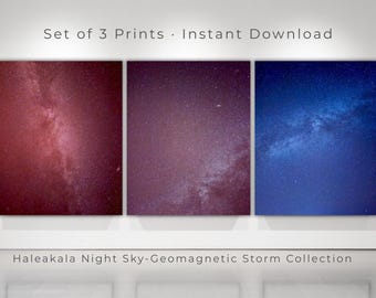 Conjunto de 3 impresiones del cielo nocturno de tormenta geomagnética: astrofotografía real de Haleakalā de la tormenta solar de diciembre (descarga digital)