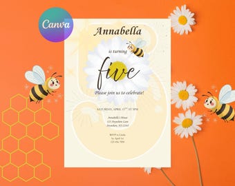 Plantilla de invitación para fiesta de 5.º cumpleaños de Daisy Bumblebee - Descarga digital editable 5x7