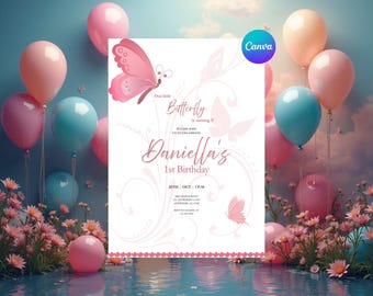 Invitación de mariposa para primer cumpleaños - Plantilla de Canva (5 x 7 pulgadas, descarga digital)