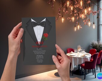 Invitación para fiesta de 40 cumpleaños de Tuxedo: Elegante plantilla de Canva (descarga digital de 13 x 18 cm)