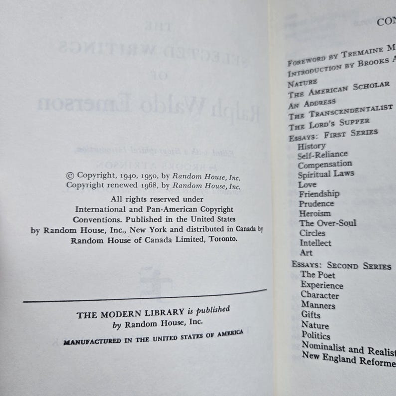 May include: An open book showing text on both pages. The left page has copyright details from Random House, Inc. The right page lists the contents, including essays such as "History" and "Love".