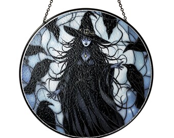 Crow Queen Stained Glass Suncatcher, Gothic Witch Window Art