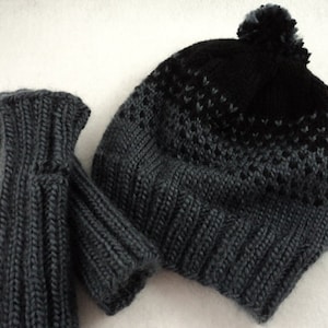 PDF Two Tone Fingerless gloves & Hat with Pompom Knitting Pattern