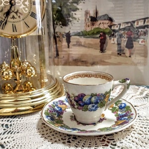 Vintage English Porcelain Royal Ducal &quot;Florentine Garden&quot; Demitasse Cup & Saucer, Cream, Bisque, Fruit Flowers, Gold Trim 1930s