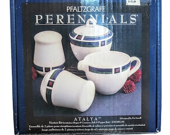 Pfaltzgraff Perennials Atalya Hostess Set, Sugar Bowl, Creamer, Salt & Pepper Shakers, New Old Stock, NOS, NIB, Blue, Green 270-981-00