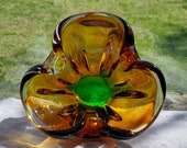 Heavy Vintage Amber Gold Yellow, Forest Green, Murano Venetian Glass Triangle Shaped Bowl, Ashtray, Trinket, Candy Dish