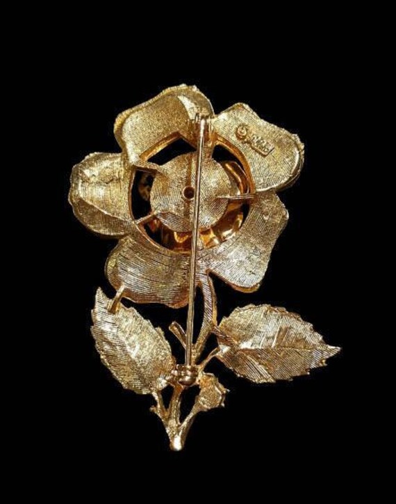 CORO Gold Toned Rose, Clear Rhinestone Flower Bro… - image 4