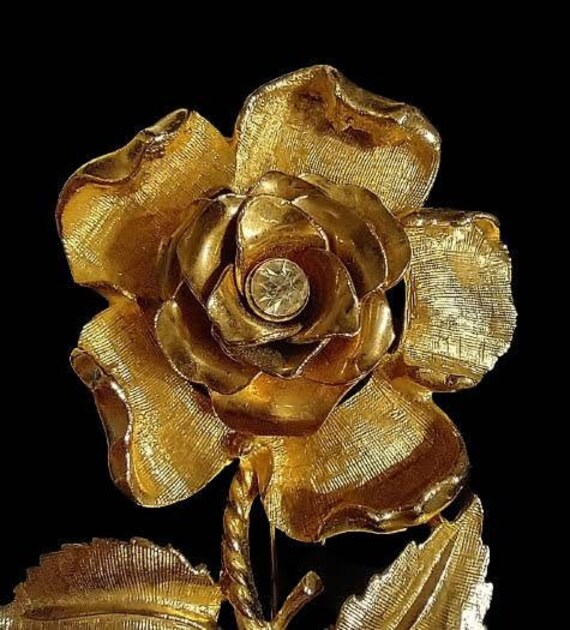 CORO Gold Toned Rose, Clear Rhinestone Flower Bro… - image 5