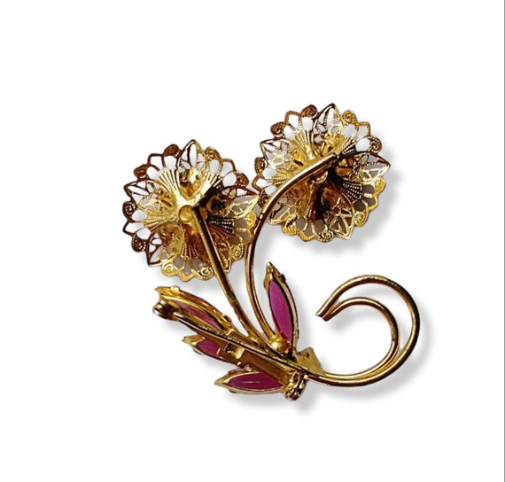 Austrian Crystal Flower Brooch, Gold Toned Filigr… - image 3