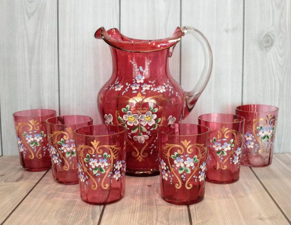 Victorian Hand Painted Glass Pitcher and glasses DEB) Victorian Hand Painted Glass Pitcher and glasses DEB)