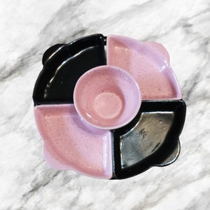 California Pottery Pink and Black Lazy Susan Chip & Dip with Metal Swivel Rack, Vintage Midcentury, MCM