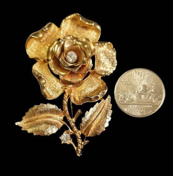 CORO Gold Toned Rose, Clear Rhinestone Flower Bro… - image 7