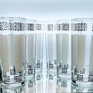 6 Libbey Clear White Frosted Stripes Gold Flowers Drinkware, MCM, Vintage Barware, Highball, Tumbler, Water, Iced Tea, Drinking Glass