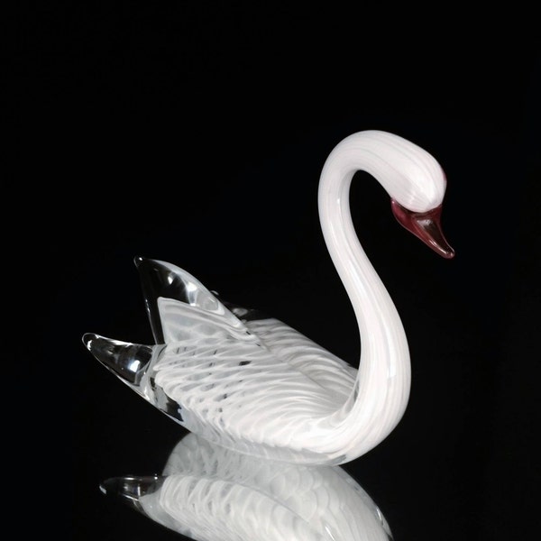 Signed FM Konstglas, Ronneby Sweden, Josef Marcolin White Swan Art Glass Lead Crystal Figurine with Pink Beak