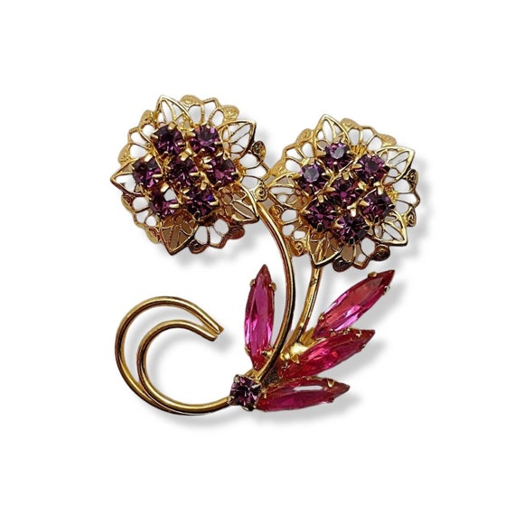 Austrian Crystal Flower Brooch, Gold Toned Filigr… - image 1