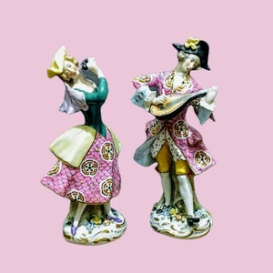 German Sitzendorf Porcelain 7&quot; Figurines, Man with Lute, Woman with Fan Dancing, Antique to Vintage, Circa Early to Mid 1900s, Dresden Style