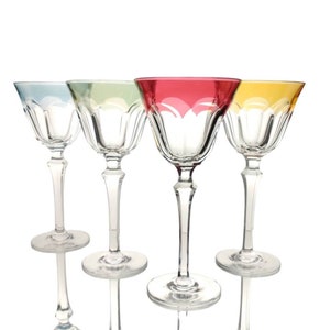 Set of 4 Bayel &quot;BAY3&quot; Crystal Water Goblets, Clear Bowl, Flashed Multicolored Rims, Ruby Red, Amber Yellow, Green, Blue