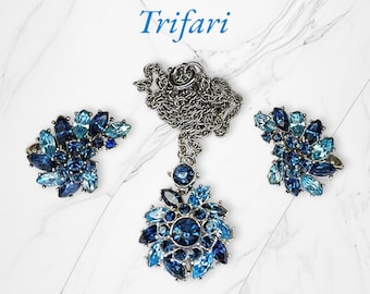 Crown Trifari "Contessa" Pendant - Necklace & Earrings, Sapphire and Aqua Blue, Early 1960s Vintage