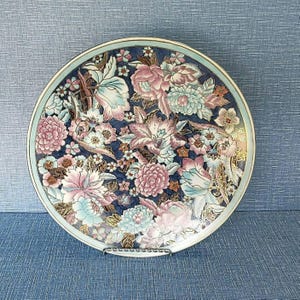 TOYO 10 1/4" H.F.P. Macau Pottery Decorative Plate, Platter, Floral, Blue, Aqua, Pink, Gold, Made in China HFP
