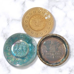 Choice of 3 USA Bicentennial Plates: Amber Anchor Hocking Eagle, Wheaton Carnival Blue Spirit of 76, or Indiana Carnival Independence Hall