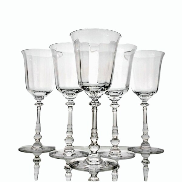 5 RARE Heisey "Tyrolean" Clear Optic Water Goblets, Glasses, Glassware, Chalice, Fancy Stem, Pattern #5025