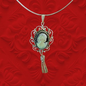 Whiting & Davis Intaglio Molded Glass Opalescent Cameo Pendant with Tassel, Silver Tone Mirror Back, Victorian Era Style Vintage