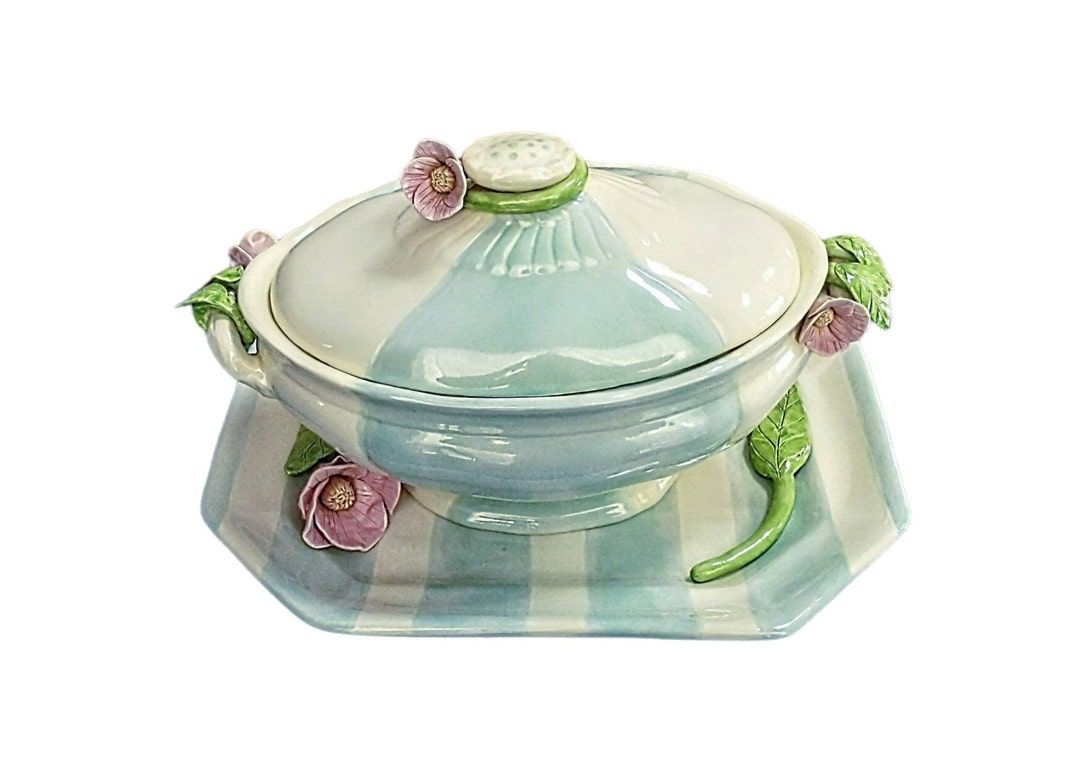 Lidded Serving Bowl Platter Set, Handmade Pottery, Blue Ivory, Pink