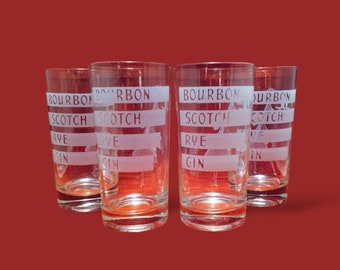 Set van 4 (vier) Vintage Midcentury, Bourbon, Scotch, Rye, Gin Highball, Barware, Liquor, Drinkglazen