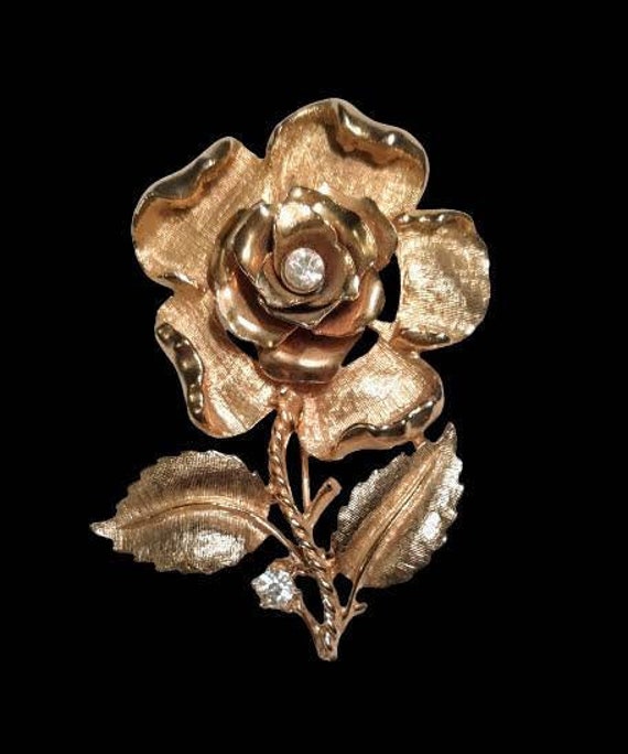 CORO Gold Toned Rose, Clear Rhinestone Flower Bro… - image 3