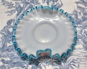 Fenton Milk Glass "Aqua Crest" Ruffled / Crimped Art Glass Dish / Plate, Bon Bons, Candy, Nuts, Trinkets