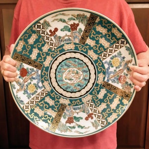 HUGE 18&quot; Gold Imari Decorative Wall Plate, Platter, Hand Painted, Dragon, Pheasants, Phoenix, Flowers, Platter, Circa 1950s
