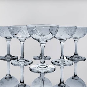 May include: Six clear glass champagne coupes with etched designs. The glasses are arranged in a row, with the center glass slightly higher than the others.