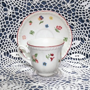 Johnson Brothers JB Fleurette Blue Yellow Red Flowers, Green Clover, White Porcelain China Dinnerware, Cup & Saucer Set or Single Saucer