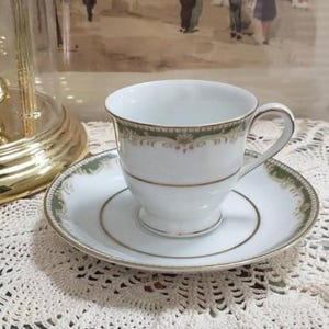 Noritake "Warrington" 6872 Footed Demitasse Cup & Saucer, Green Band Tan Scrolls On White Porcelain Gold Trim China Midcentury MCM Japan