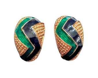 Rare David Hill Vintage Signed Half Hoop Clip Earrings Green Blue Zig Zag Enamel Gold Toned Bead Textured Ciner Jewelry Jewellery Etsy Hong Kong