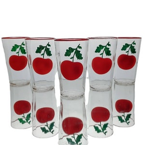 5 Tomato Juice Glasses, Red Rims, Bright Red Tomatoes, Green Leaves, Midcentury, MCM