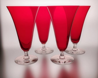 4 Morgantown Monroe Red Iced Tea Goblets, Glasses, Red Bowls, Clear Vertically Ribbed Stems Pattern #7690