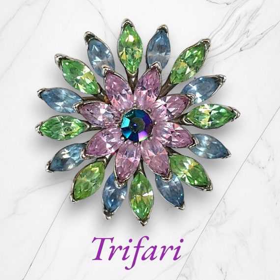 Crown Trifari Layered Pastel Flower Brooch, Viole… - image 1