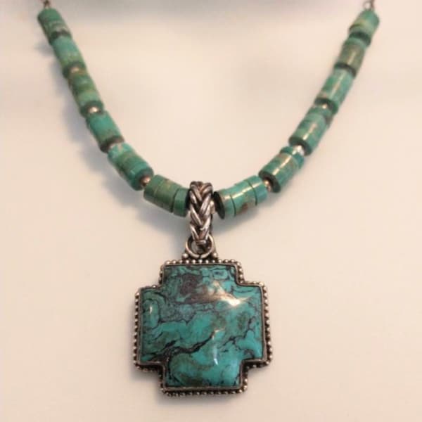 BARSE Genuine Turquoise 925 Sterling Silver Strand Chain Tube Beaded Necklace, 1" Cross Pendant, Southwestern, Retired