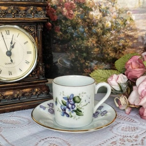 White Porcelain China Violets and Gold Demitasse Cup & Saucer Set, Made in Japan, Marked MV4012, Flowers, Purple, Floral, Multiples Availabl