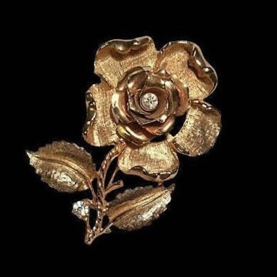 CORO Gold Toned Rose, Clear Rhinestone Flower Bro… - image 1